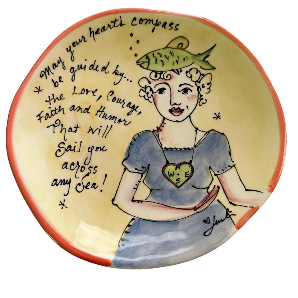 Julia Junkin Studio Pottery Plate Gone Fishing 8” Decor Display Plate Signed